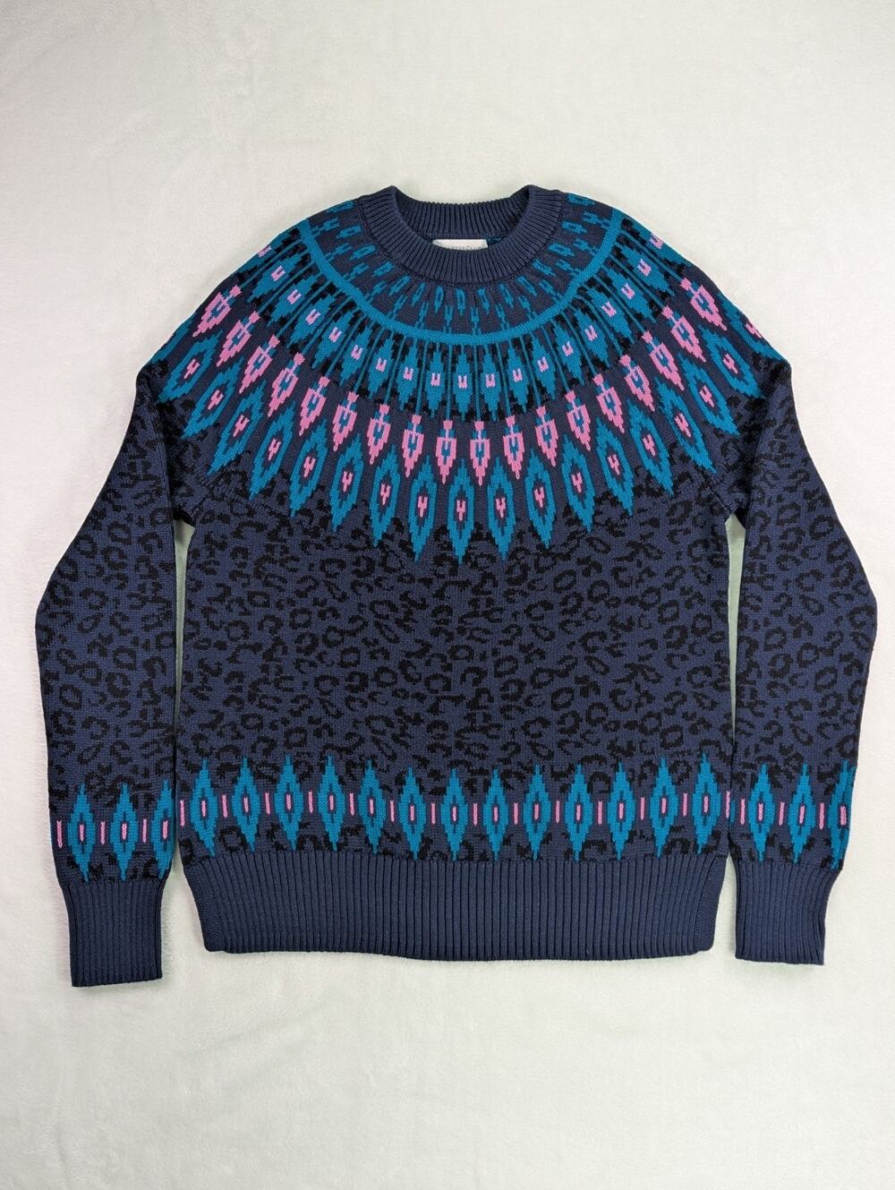 Charter Club Size Small Knit Fair Isle Sweater w/Cheetah Print Blue, Pink, Black